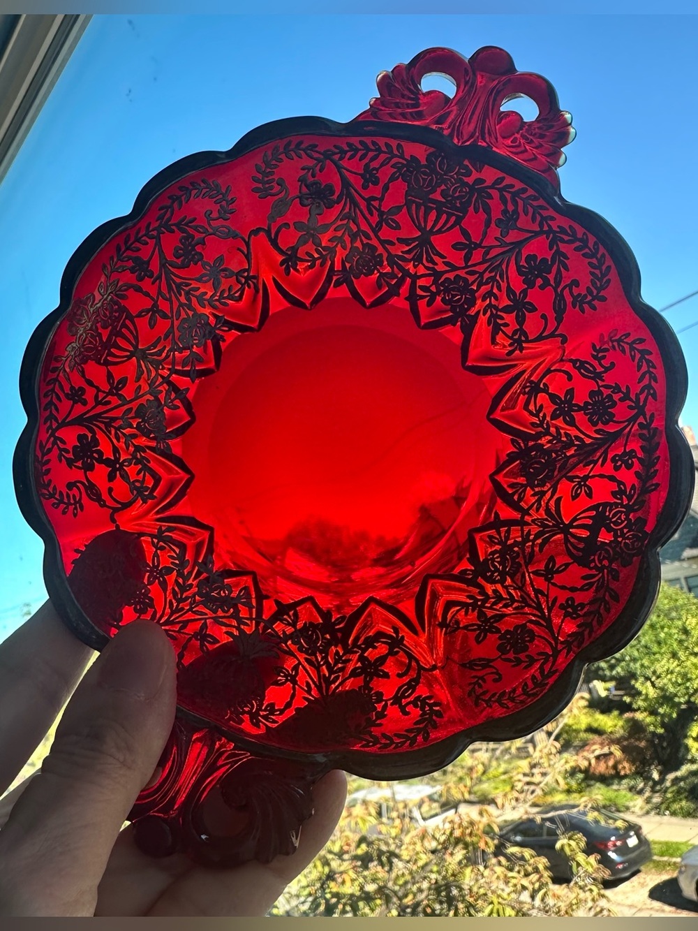 Ruby Red Silver Overlay Handled Bowl - Vintage
